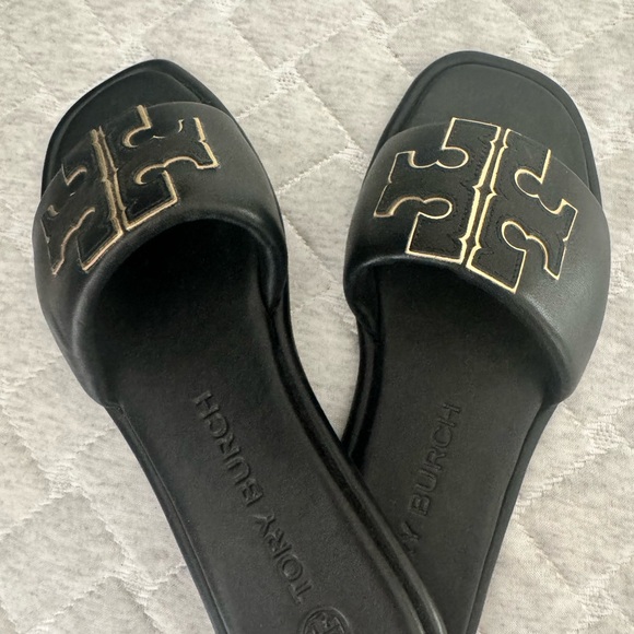 Tory Burch Shoes - Tory Burch Black Slides with Gold Logo Accent